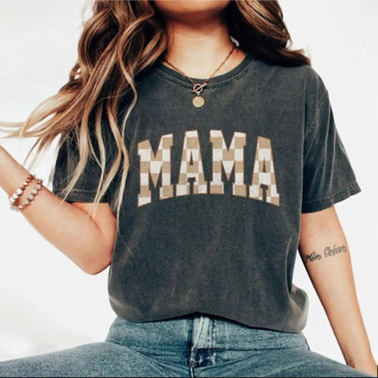 Retro Mama Shirt, Comfort Colors Checkered Mama T-Shirt, Boho Mama Shirt, Cute Mom Shirt, Varsity Letter Mama Shirt, Mothers Day Gift, New Mom Gift, Trendy Crewneck, Mom Gift, Mothers Day Gifts, Mama Women Top Comfortable Casual Fashion Breathable Tshirts