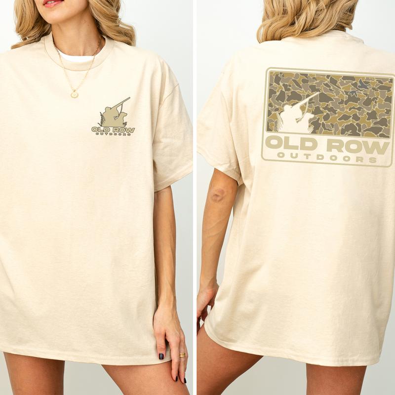 Vintage 80s Old Row Outdoors Hunting Camo 2-Sided Shirt, Retro Hunting T-Shirt, Dog Hunt Tshirt, Unisex Hunter Tops, Women's Top, Casual Womenswear
