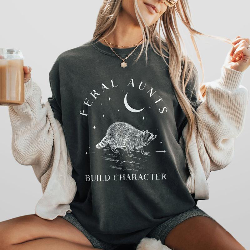 Feral Aunts Build Character Shirt, Raccoon Lover Aunt Shirt, Vintage Raccoon Art Crescent Moon Tee, Whimsigoth Aunty Tee, Aunty Shirt, Weird Gifts For