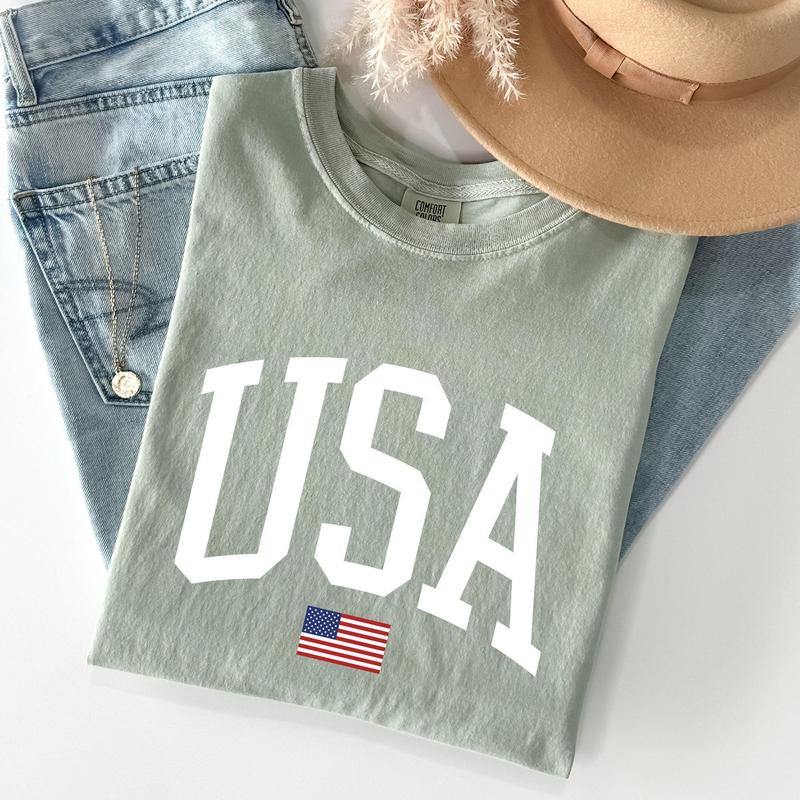 USA Flag, America, Patriotic, White, 4th of July Tshirt, Women's Crew Neck, Crewneck