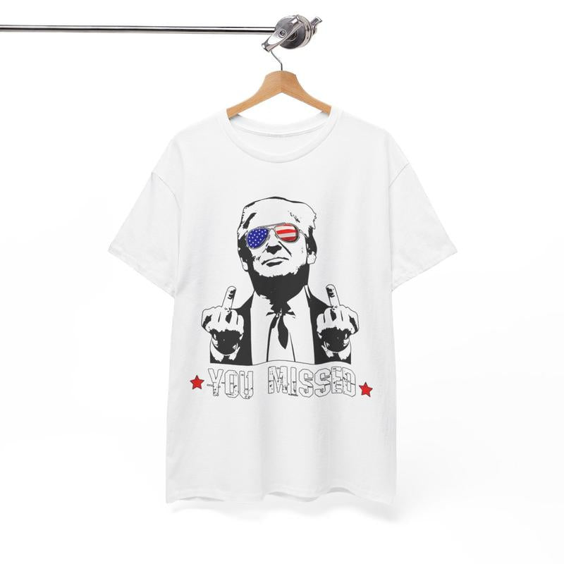 Trump Rally Shooter Tshirt - Trump You Missed - Trump Survived - Trump 2024 - USA Freedom - Donald J. Trump Unisex Heavy Cotton Tee