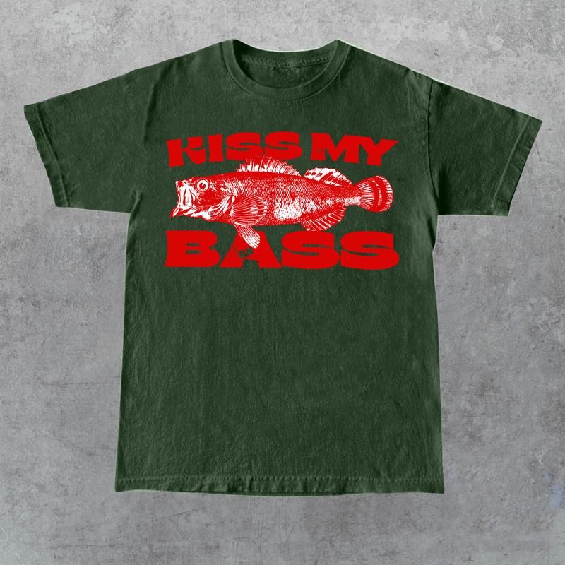 Kiss My Bass Vintage Style Fishing T-Shirt, Retro Fisher T Shirt, Fisher Gear, Fisher Graphic Shirt, Adult Unisex Relaxed Cotton Shirt - Red Design Limited Edition