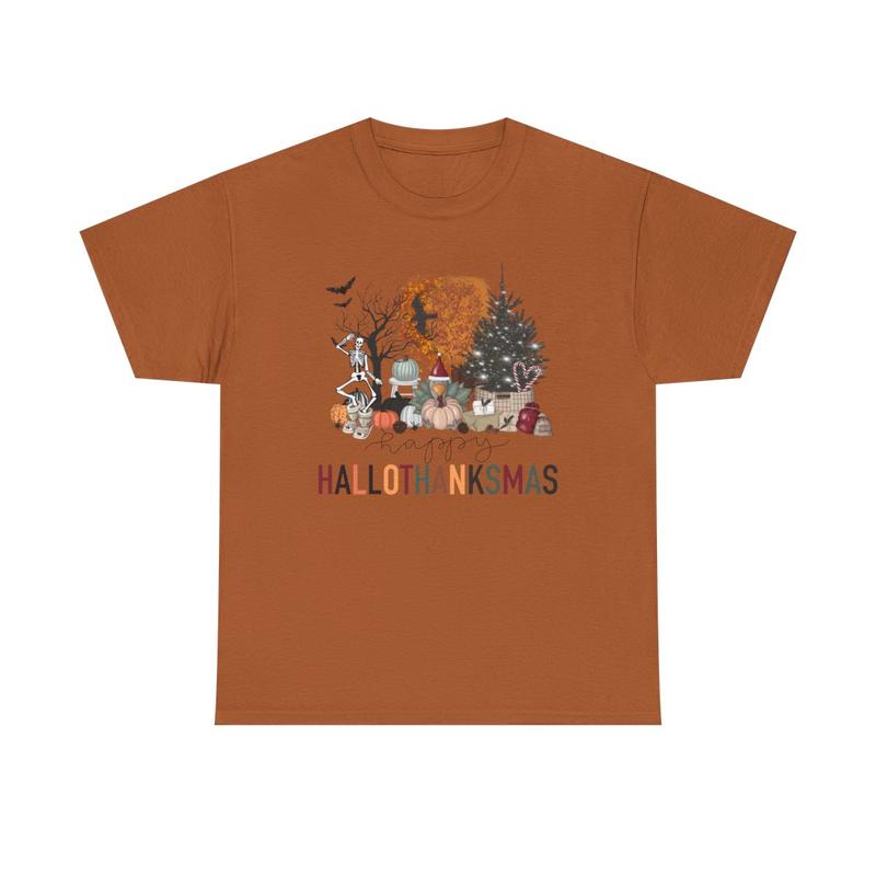 Happy Hallothanksmas Unisex Heavy Cotton Tee - Halloween - Thanksgiving - Christmas - Holiday Shirt - Pumpkin - Ghost - Christmas Tree - Snow - Turkey - Funny Shirt - Gift for Men and Women