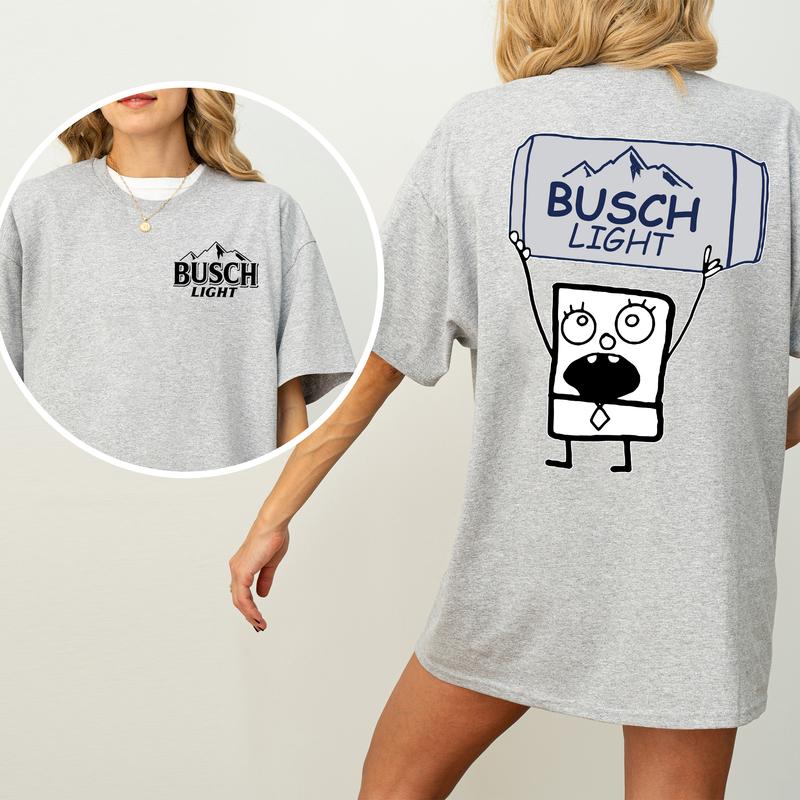 DoodleBob Busch Light Unisex T-Shirt, Funny Doodlebob Beer Graphic 2 Sided Shirt, Vintage Drink T-Shirt, Drinking Tshirt for Men, Comfort Cotton Fabric Tshirt, Women's Top, Casual Womenswear