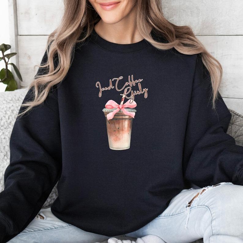 Iced Coffee Girly Sweatshirt, Iced Coffee Girl Crewneck, Coquette Coffee Shirt, Coquette Clothing, Coffee Lover Gift, Pink Bow Iced Coffee, Trendy Cof