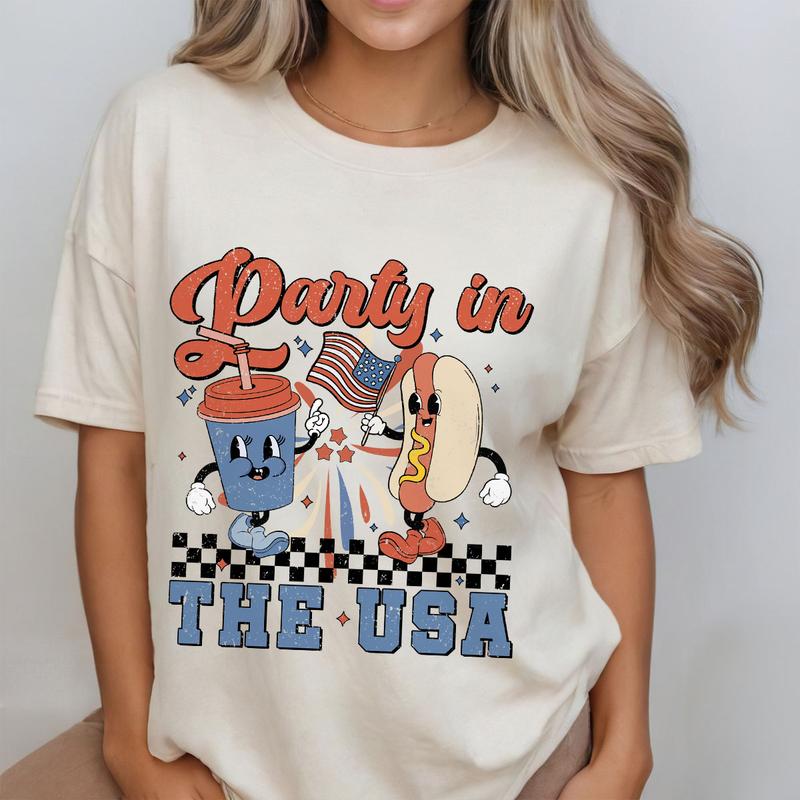 Retro Party In The USA Shirt, 4th Of July Shirts, Gift For Her, Indenpendence Day Gifts, Funny Fourth Of July Shirts, USA Hot Dog Funny Tee, USA Patriotic Tee, Shirt For Women, Trendy Celebration Shirt, Women's Tops Casual Comfort Womenswear Breathable