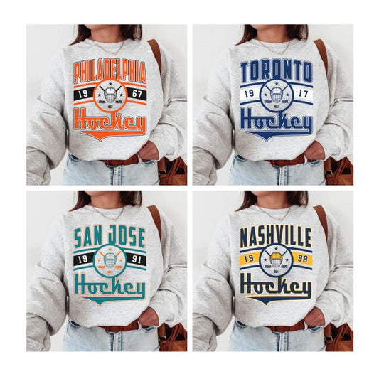 Unisex Retro Ice Hockey Sweatshirt, 90s Vintage All Team Hockey Sport Grey Sweatshirt, Crewneck Sweatshirt, Gift for Everyone, Gift for Sport Fan, Jer