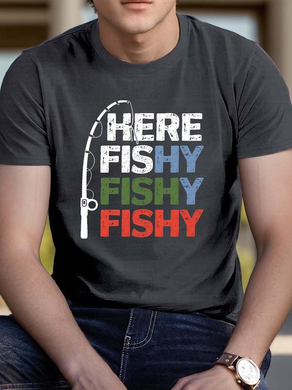 Men's Fishing Rod & Letter Print Round Neck Tee, Regular Fit Casual Graphic Short Sleeve T-shirt, Men's Top for Summer Daily Wear