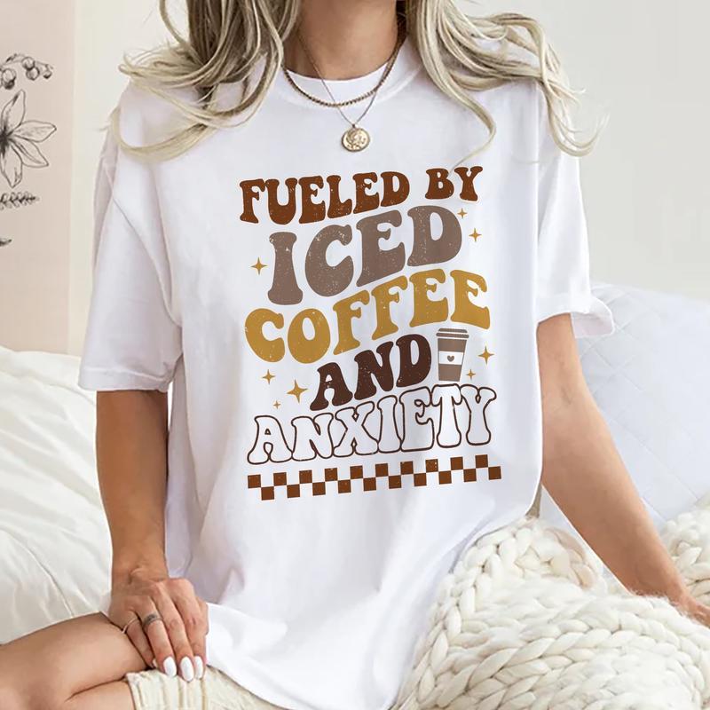 Fueled By Iced Coffee And Society Shirt, Mom Iced Coffee T-shirt, Mama Anxiety Graphic Printed Tee, Overstimulated Mom Soft Fabric Short Sleeve Tee Sh