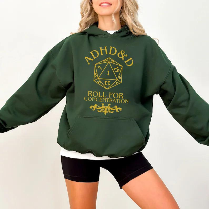 ADHD&D Roll for Concentration Sweatshirt, Dungeons and Dragons T-shirt, DnD Tee, ADHD shirt, RPG Gift, Dungeons Master Sweatshirt, D20 Shirt, Nat 1