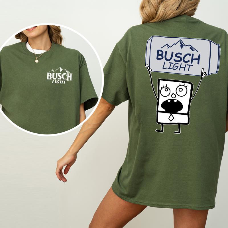 DoodleBob Busch Light Unisex T-Shirt, Funny Doodlebob Beer Graphic 2 Sided Shirt, Vintage Drink T-Shirt, Drinking Tshirt for Men, Comfort Cotton Fabri