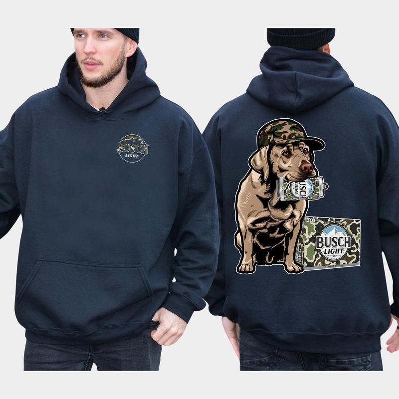 Camo Busch Light Labrador Hunting Dog 2-Sided Hoodie, Men's Camouflage Dog Hoodies, Beer Drinking Pullover, Unisex Drink Tops, Classic Casual Menswear