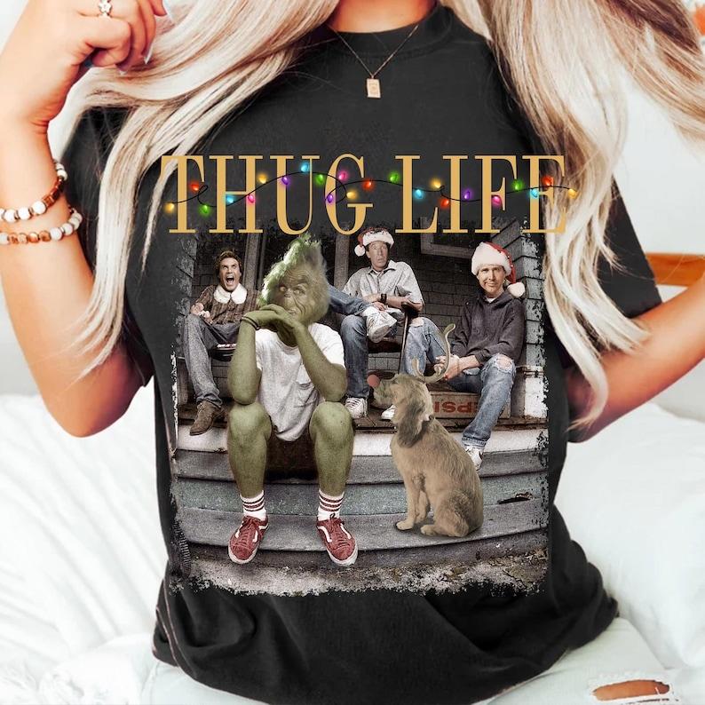 Thug Life Christmas Shirt, Character Xmas Shirt, Christmas Character, Funny Christmas Thief Shirt Casual Collar Cotton Fabric