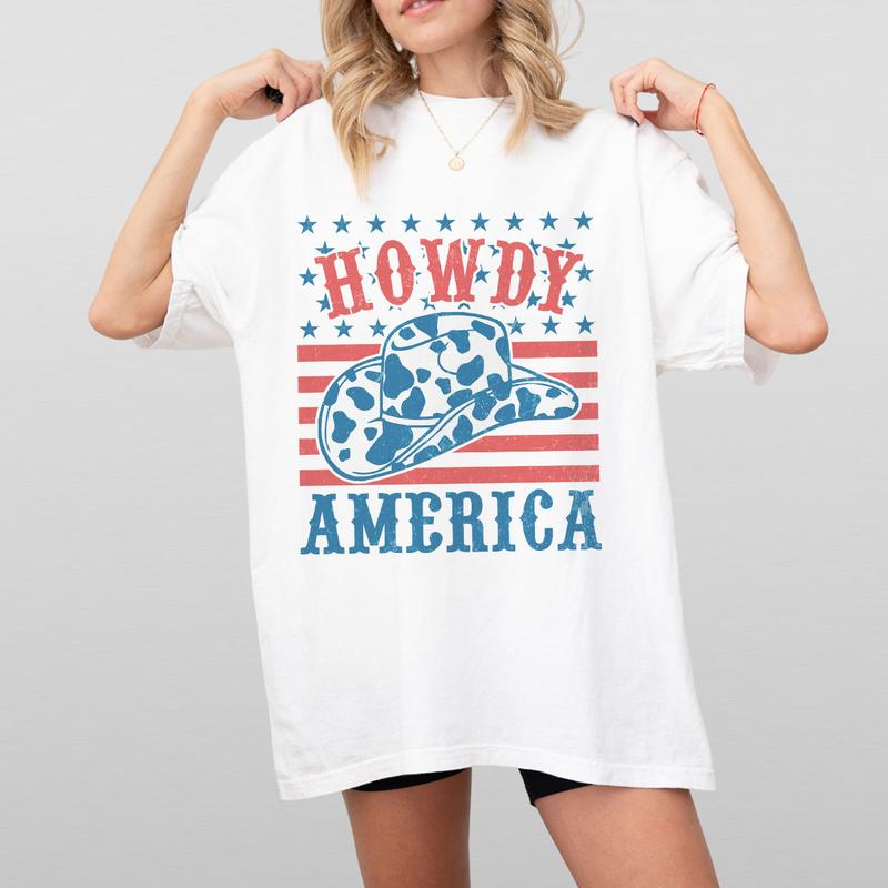 Howdy America Shirt, 4th Of July T-Shirt, Cowboy Style Patriotic Tee, Independence Day Celebration, USA Flag Design, Retro American Pride Shirt, Women