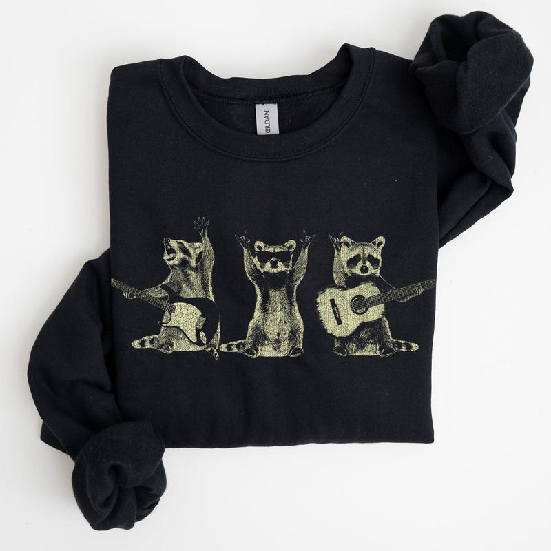 Raccoon Band, Playing Guitar, Funny Animals Sweatshirt, Crew Neck, Crewneck, Soft Unisex Graphic Casual Casual Comfort Womenswear ComfortableÃ‚Â Graphic