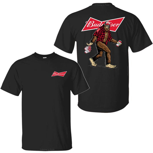 Bigfoot Budweiser T-Shirt, Sasquatch Holding Budweiser Beer Cans 2 Sided Graphic Printed Unisex Classic Comfort Cotton T-Shirt