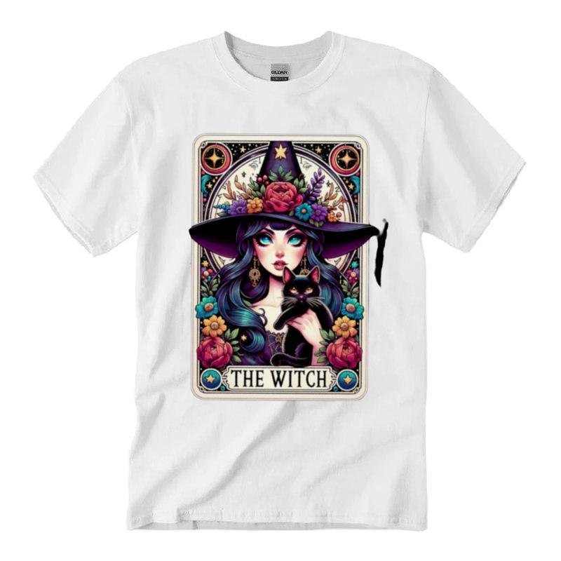 The Witch Tarot Card T-shirt, Gothic Shirt, Pretty Witchy Vibes Wicca Pagan Black Cat Cool Tarot T-Shirt Unisex Classic Cotton