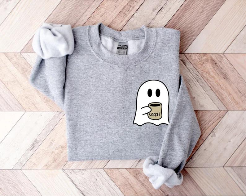 Cute Spooky Coffee Sweatshirt, Womens Ghost Sweatshirt, Spooky Season, Fall Coffee Lover Shirt, Halloween Party Shirt, Fall Graphic Shirt