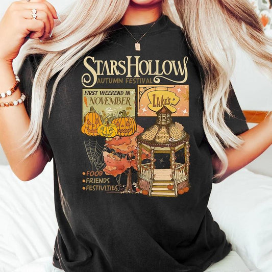 Lukes Stars Hollow Shirt, Fall Festival Stars Hollow First Weekend in November, Lukes Diner Retro Style T-Shirt Cotton Womenswear Sleeve Tee