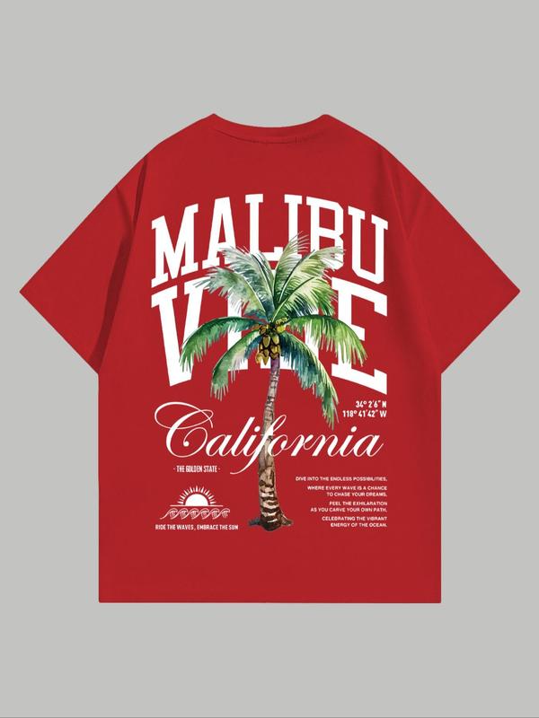MMen's Coconut Tree & Letter Print Short Sleeve Tee, Regular FitÂ Casual Streetwear Graphic Round Neck T-Shirt, Graphic Tees,Â Men's Summer Graphic Tees Outfits