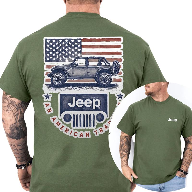 Vintage American Flag Jeep Car 2-Sided Shirt for Men, Men's Patriotic USA Flag Tee, Car Enthusiast Gift Ideas, Classic Menswear, Cotton Tops
