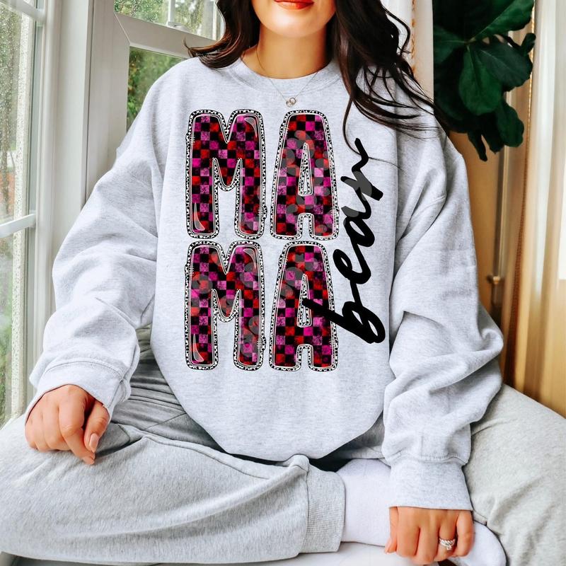 Checkered Mama Bear Sweatshirt - Ash Grey - Sublimation - ValentineÃ¢â‚¬â„¢s Day - Unisex Jersey Sweatshirt
