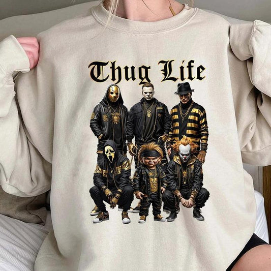 Halloween Thuglife T-Shirt - Sweatshirt - Hoodie,  Halloween Horror Thuglife Gold Sweatshirt, Halloween Horror Characters Shirt, Halloween Graphic Tee Shirt Gift for Him, Gift For Her, Full Sizes, Full Colors Womenswear Sweaters Tops