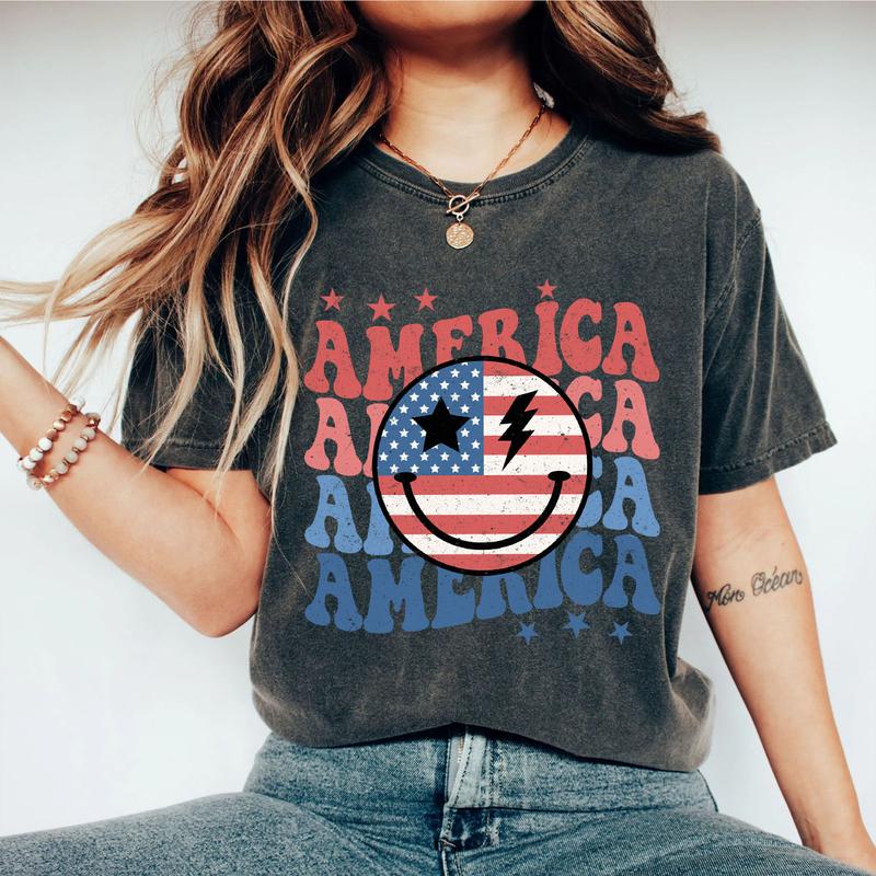 Retro Smiling America Shirt, Patriotic Shirt, 4th Of July Checkered Shirt, America Shirt, Independence Day T Shirt, USA Flag Shirt, Funny 4th of July Gift T-shirt, American Tee, Independence Day Parade Outfits, 4th Of July Women Top