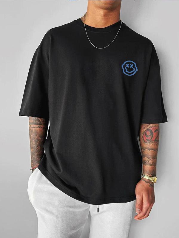 Men's Cartoon Expression & Letter Print Drop Shoulder Tee, Summer Outfits 2024, Regular Fit Casual Short Sleeve Round Neck T-Shirt for Summer,Â Graphic Tees for Men,Â Back To School Clothes, T Shirts for Men, Men Streetwear Graphic Tees