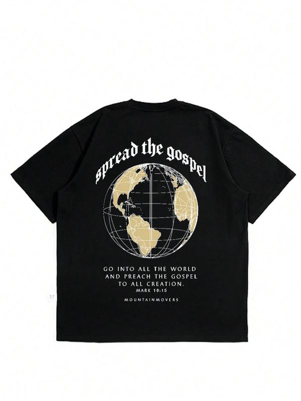 Men's Regular Fit Letter & Earth Print Round Neck Tee, Casual Short Sleeve Crew Neck T-shirt for Summer, Graphic Tees, Fashion Men's Streetwear Top fo