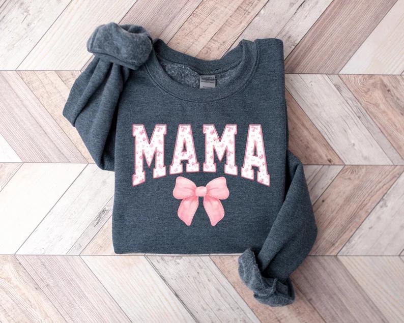 Coquette Pink Mama Sweatshirt, Cute Pink Bow Mama Sweatshirt, Popular Mother Tee, Trendy Mother Gift, Mother Day Gift