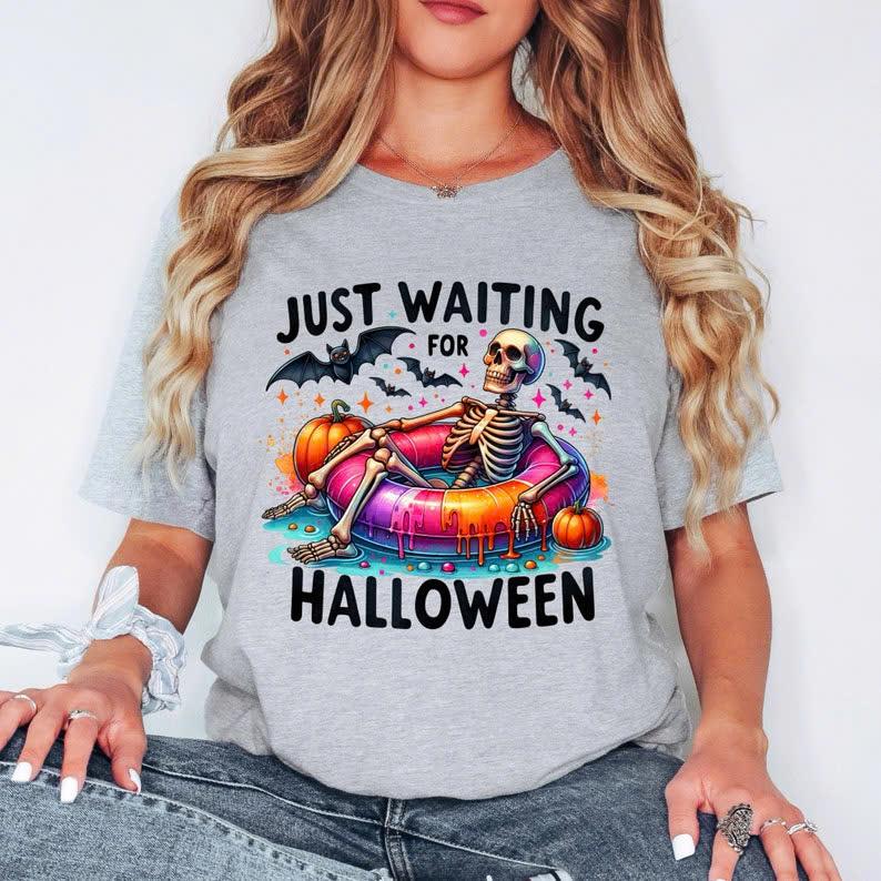 Just Waiting Halloween Shirt, Cute Spooky Summer Halloween Shirt, Funny Halloween, Trendy Skeleton Shirt Casual Fabric Sleeve Soft
