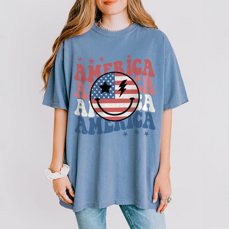 Retro Smiling America Shirt, Patriotic Shirt, 4th Of July Checkered Shirt, America Shirt, Independence Day T Shirt, USA Flag Shirt, Funny 4th of July Gift T-shirt, American Tee, Independence Day Parade Outfits, 4th Of July Women Top
