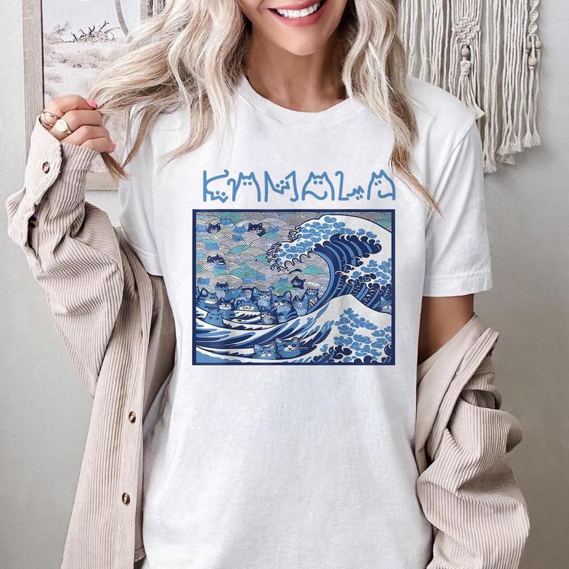 Blue Wave Cat For Kamala Shirt, Ukiyo-e Inspired Japanese Artistic Cat Lover T-Shirt, Trendy Cat Wave Shirt, Kamala Harris 2024 Shirt
