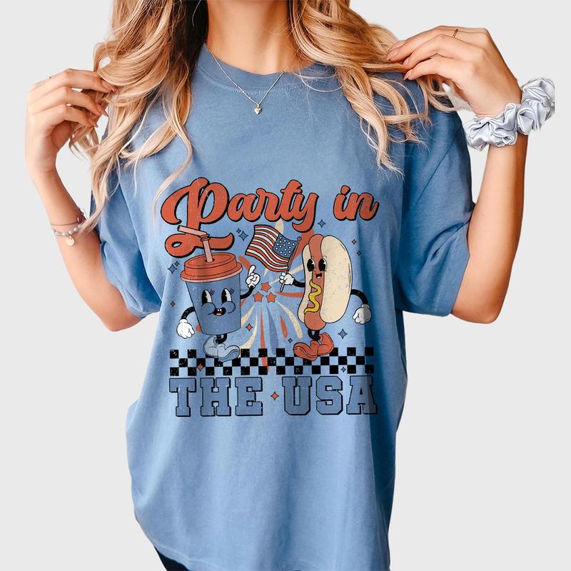 Retro Party In The USA Shirt, 4th Of July Shirts, Gift For Her, Indenpendence Day Gifts, Funny Fourth Of July Shirts, USA Hot Dog Funny Tee, USA Patriotic Tee, Shirt For Women, Trendy Celebration Shirt, Women's Tops Casual Comfort Womenswear Breathable