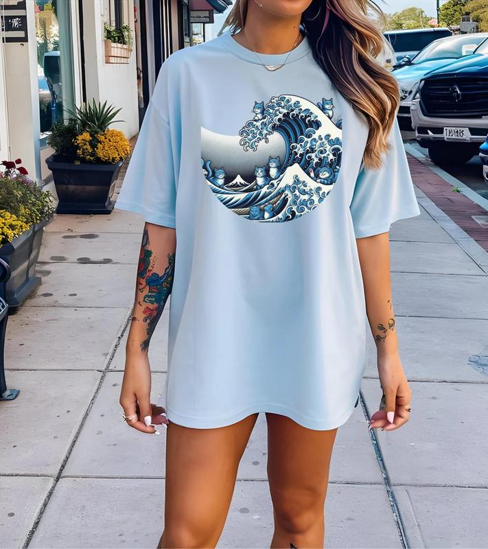 Blue Wave Cat For Kamala Shirt, Ukiyo-e Inspired Japanese Artistic Cat Lover Tee, Trendy Cat Wave Shirt, Kamala Harris 2024 Shirt Top Womenswear