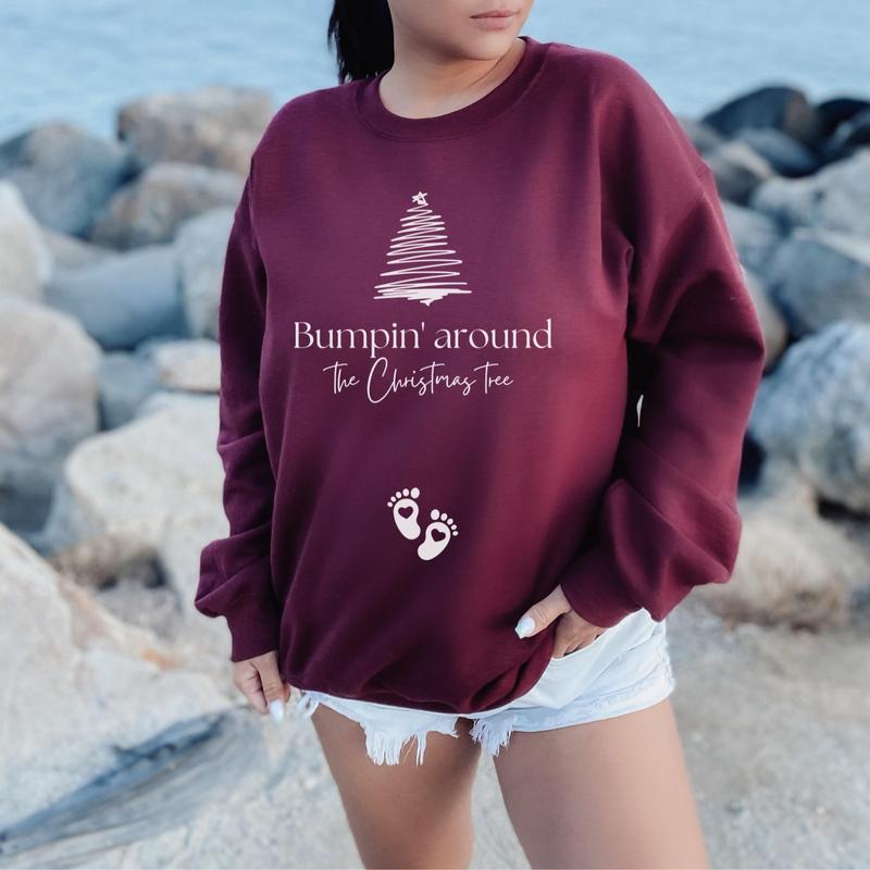 Christmas Pregnancy Announcement sweatshirt, Bumpin around the Christmas tree maternity jumper, Funny Baby reveal crewneck to family