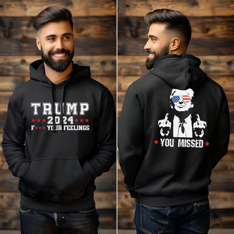 Western Trump Cowboy You Missed Flag Back Hoodie - 2 Side - Trendy Styles Available - Extensive Size Options - Multiple Colorways - Iconic Styles - Cross-gender Fashion