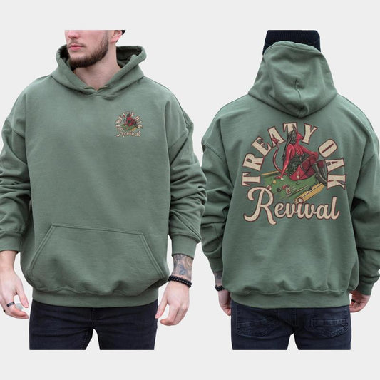 Men's Treaty Oak Revival Graphic 2-Sided Hoodie, Vintage Devil Girl on Billiard Board Concert Unisex Hoodies, Country Music Men's Tops, Comfort Cotton Casual Menswear, Classic Long Sleeve Pullover