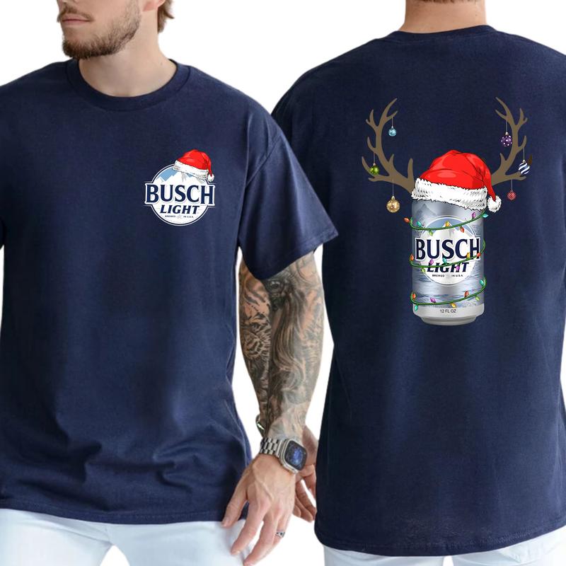 Christmas Deer Busch Light 2-Sided Shirt, Funny Men's Beer Drinking Tee, Drink Tops for Men, Christmas Drinker Tshirt, Classic Cotton Casual Menswear