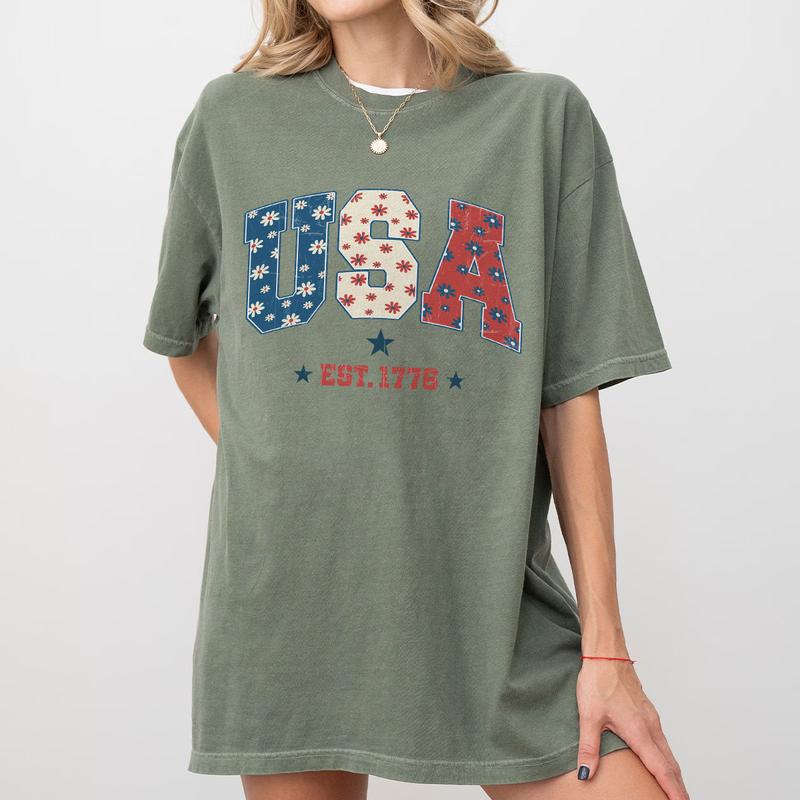 1776 America 4th of July Shirt, USA Floral Flowers Shirt, Comfort Shirt for Women, Retro America Shirt, 1776 Shirt, Comfort Oversized Tshirt, Independence Day Shirt for Her, Him, American Flag Tee, Fourth of July Shirt T-Shirt, July 4th Shirt, Women Top
