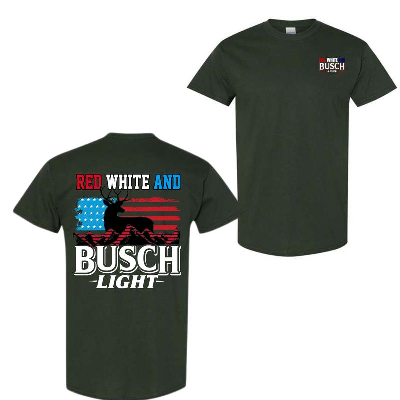 Busch Light -Beer- Red White 2-sided shirt, Beer Drinkers ,Casual Graphic Round Neck T-shirt for Summer, Fashion Top for Daily Wear, T shirt For Men A