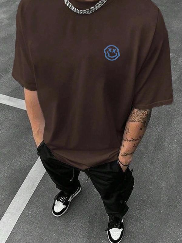 Men's Cartoon Expression & Letter Print Drop Shoulder Tee, Summer Outfits 2024, Regular Fit Casual Short Sleeve Round Neck T-Shirt for Summer,Â Graphic Tees for Men,Â Back To School Clothes, T Shirts for Men, Men Streetwear Graphic Tees