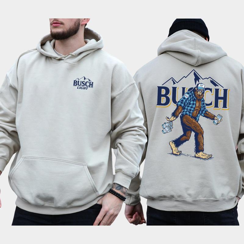 Men's Biggfoot Holding Busch Light 2-Sided Hoodie, Beer Drinking Hoodie, Funny Bigfooot Drink Pullover, Unisex Drinker Tops, Cotton Classic Menswear