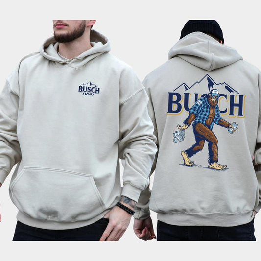 Men's Biggfoot Holding Busch Light 2-Sided Hoodie, Beer Drinking Hoodie, Funny Bigfooot Drink Pullover, Unisex Drinker Tops, Cotton Classic Menswear