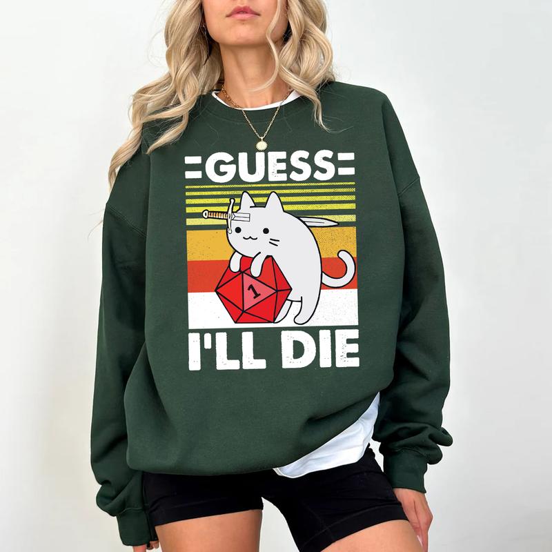 Guess I'll Die Cat Shirt, D&D Vintage Shirt, Dice DnD Shirt, D20, Rpg, Dungeons and Dragons Shirt, Meowster D&D Shirt, TTRPG, Cat DnD Sweater