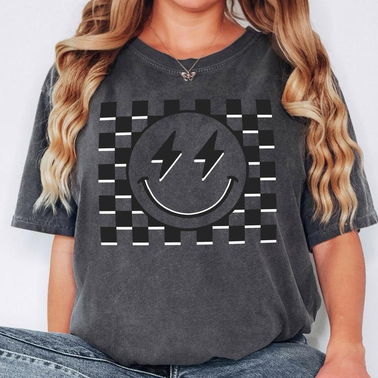 Checkered Smiley FaceT- Shirt, Retro Happy Face Tee, Vintage Checkers Shirt, Lightning Bolt Tee, Happy Shirt, Graphic Tee,Trending Tshirt Casual Top