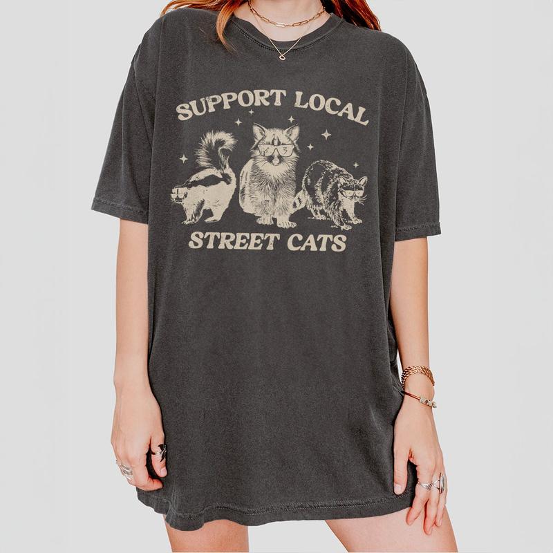 Support Your Local Street Cats Graphic T-Shirt, Retro Unisex Adult T Shirt, Vintage Raccoon T-Shirt, Nostalgia Shirt, Relaxed Cotton Tees, Raccoon Lover Tee, Street Cats Shirt, Comfort Women Top