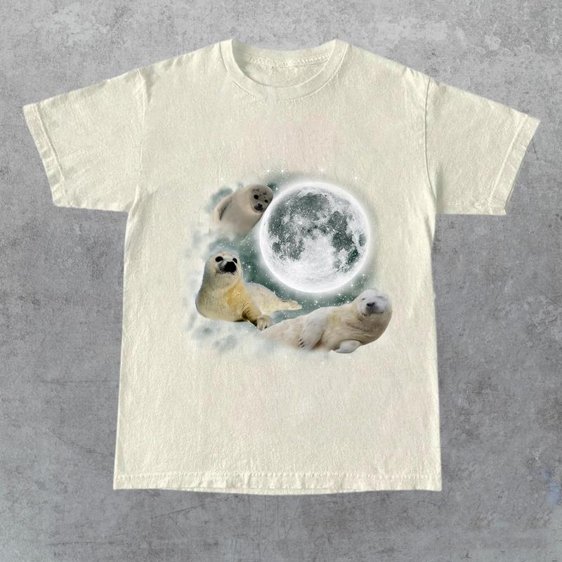 Three Baby Seal Vintage Graphic T-shirts, Retro Sea Dog Moon Tshirt, Seal Lovers, Cute Sea Dog Tee, Relaxed Washed Unisex Adult Tee