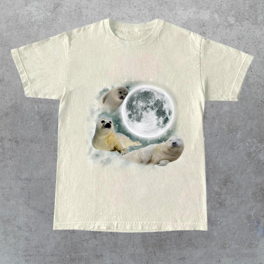 Three Baby Seal Vintage Graphic T-shirts, Retro Sea Dog Moon Tshirt, Seal Lovers, Cute Sea Dog Tee, Relaxed Washed Unisex Adult Tee